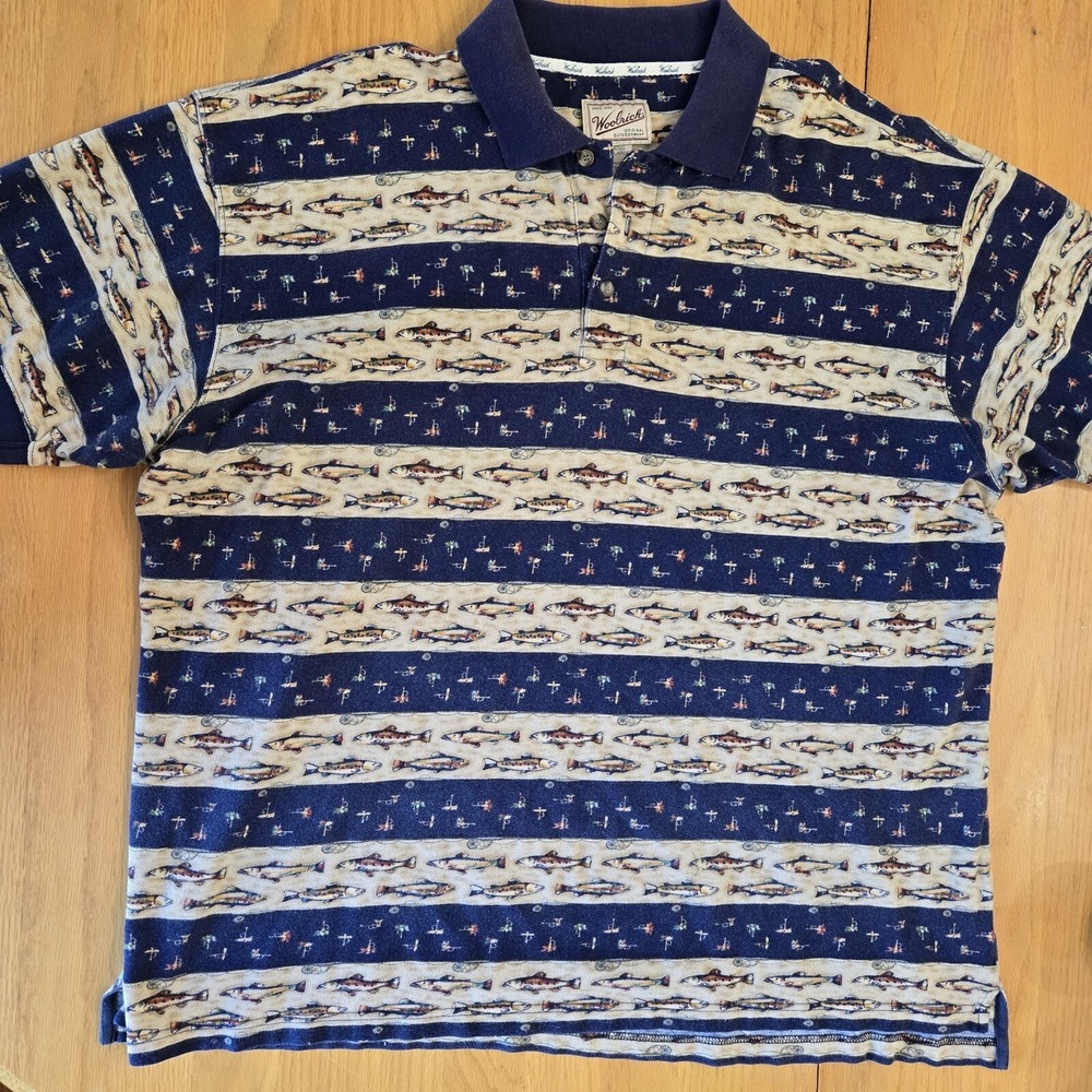 Woolrich Mens 2XL Fly Fishing Rainbow Trout Polo Shirt Dad Cabincore VTG